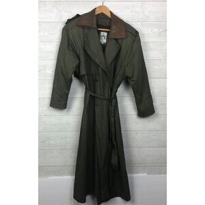 J Gallery Women's Size 10 Olive Green Trench Coat Vented Faux Leather Collar